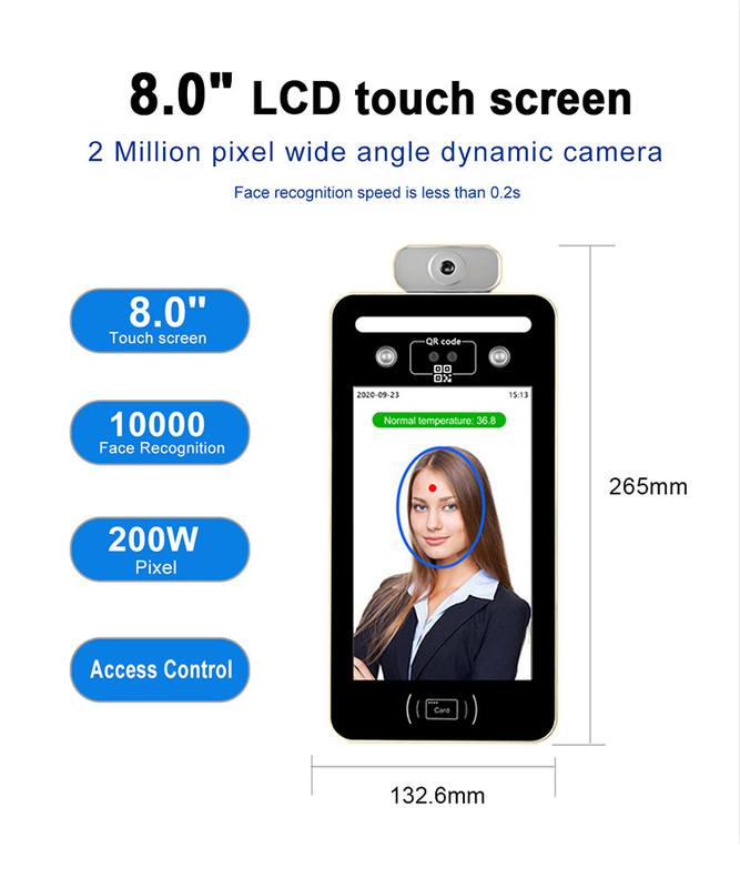 8inch LCD 얼굴 읽기 생체 인식 기계 온도 512M DDR3 DC12V 2A